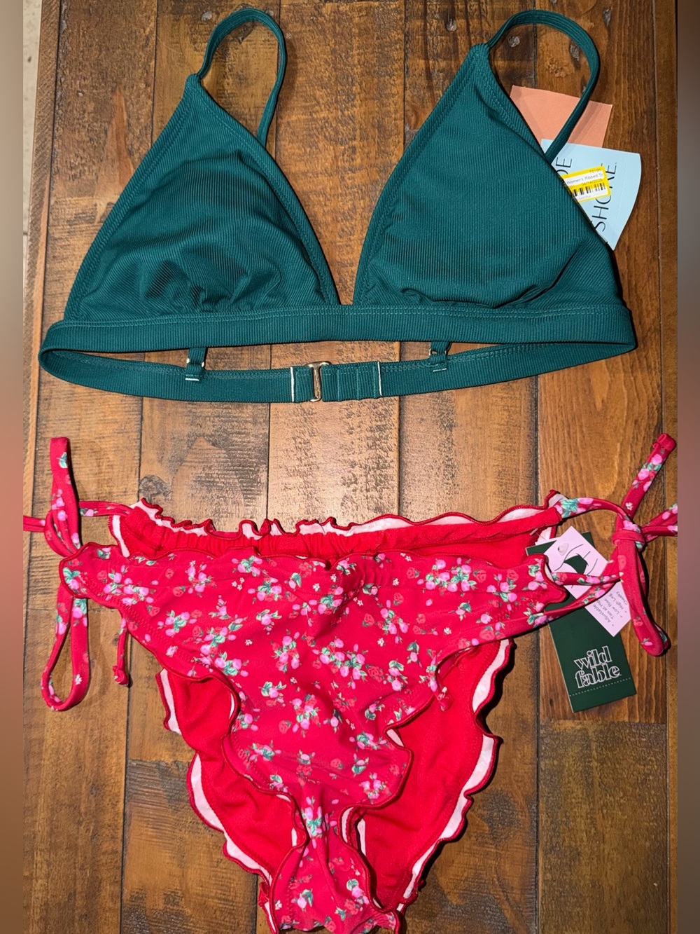 wild fable Green Ribbed Triangle Top with Red Floral Tie-Side Bottoms